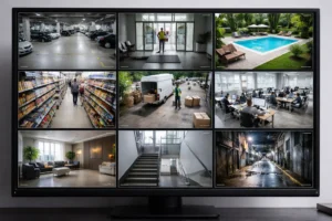 Montaż monitoringu Łódź - widok monitora z obrazem z kamer CCTV