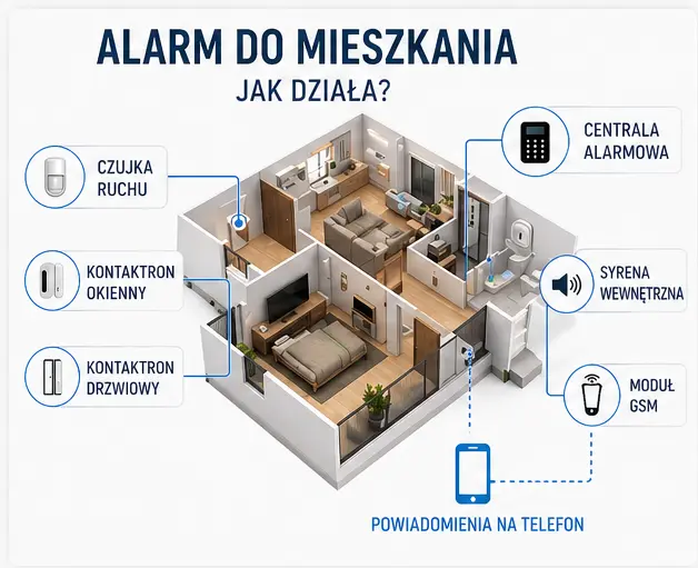 Mieszkanie z zainstalowanym systemem alarmowym.