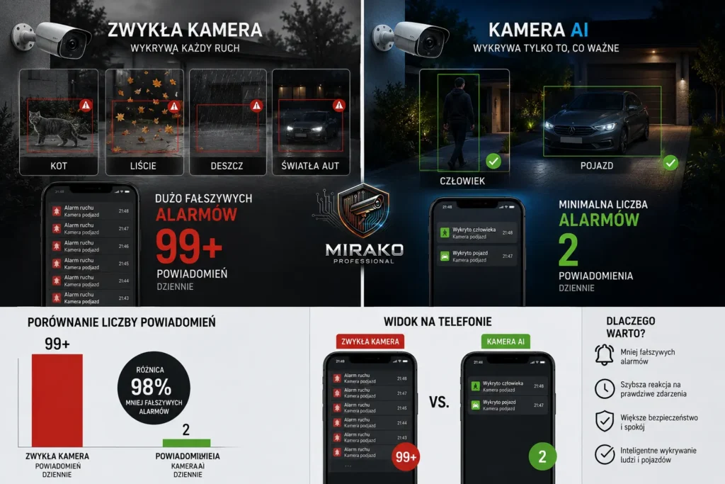 Kamera klasyczna vs kamera z AI i analityką obrazu potrafiąca rozpoznawać ludzi i pojazdy.
