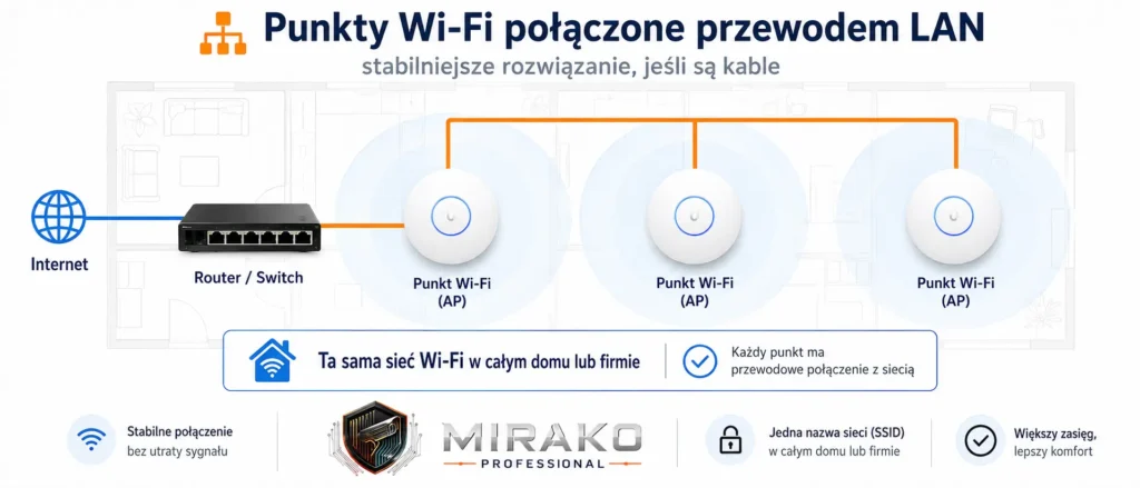 Punkty Wi-Fi połączone kablem sieciowym LAN - stabilne i szybsze rozwiązanie.