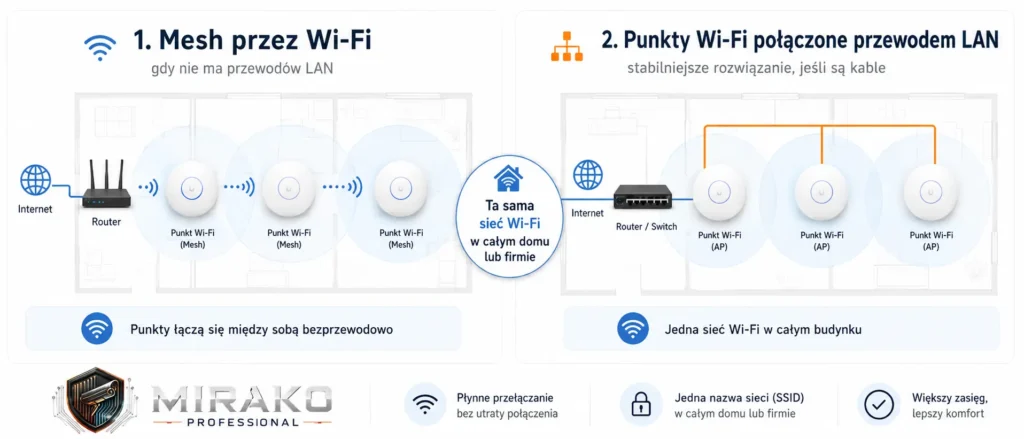 Wi-Fi Mesh z łącznością bezprzewodową i przewodową między AP.